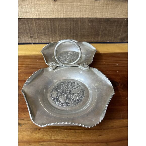 Vintage Cromwell Divided Tray Hand Wrought Aluminum w Handle Floral Design 1950s - Picture 4 of 9